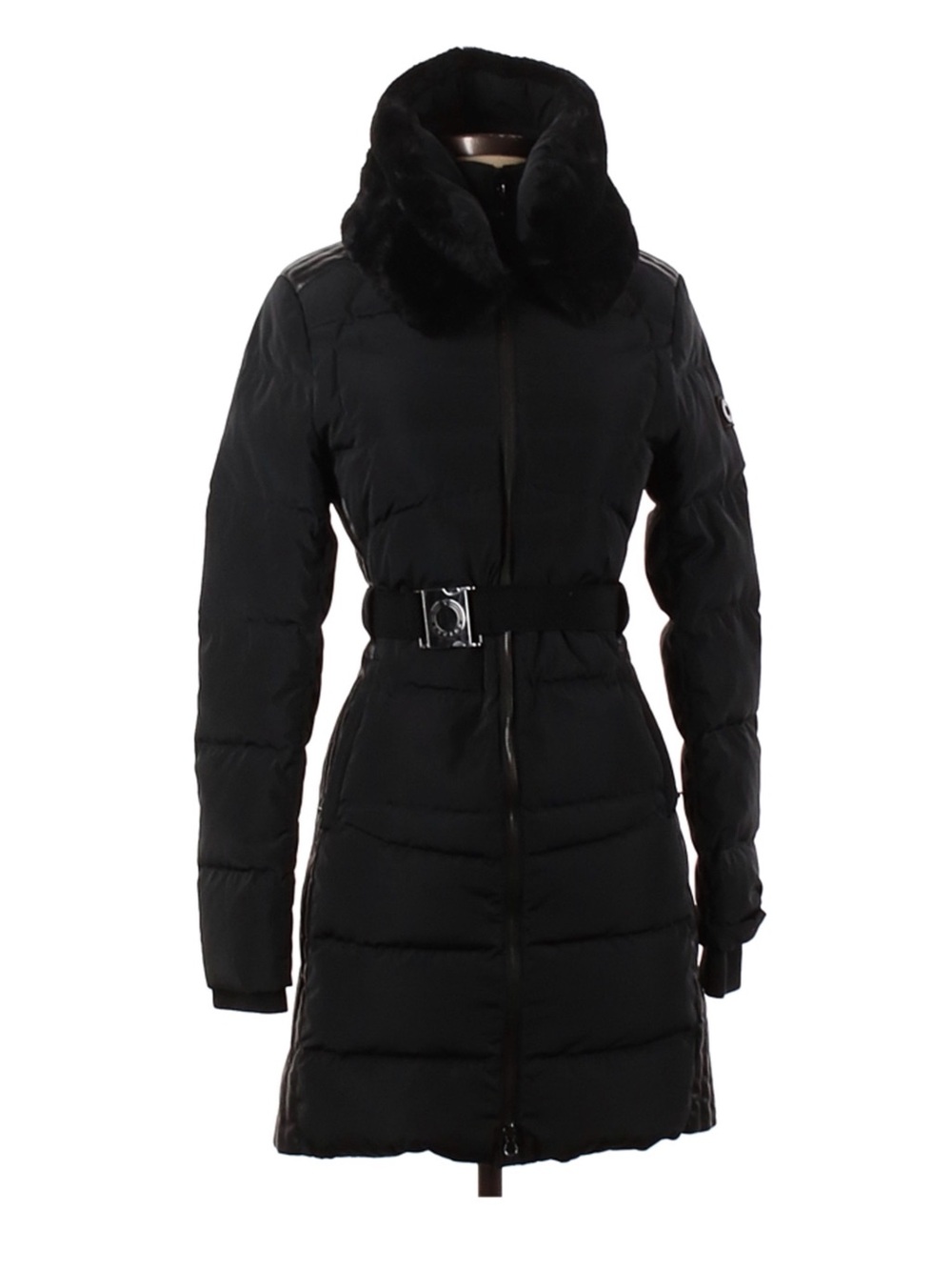 Black Women’s Quilted Belted Coat with Fur Collar